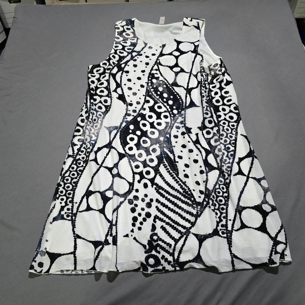 Chico's Shift Dress Women 4 White Black Abstract Geometric Print Sleeveless Mesh